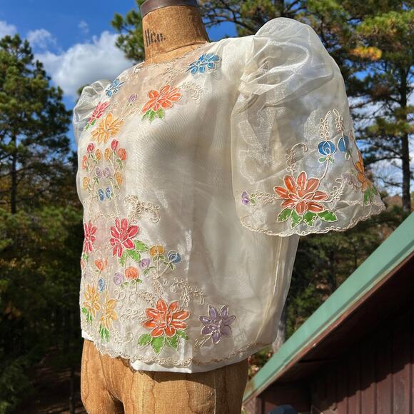 Vintage 70s Sheer Organza Peaked Puff Sleeve "Stained Glass" Boxy Cropped Blouse - Picture 1 of 8